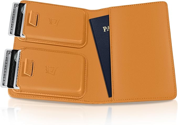 Kings Loot Passport Holder Wallet | RFID Protected Leather Travel Wallet with Built-in Trackable Holder | Holds 1-6 Cards & Passport | Slim & Stylish Wallets (Cognac)