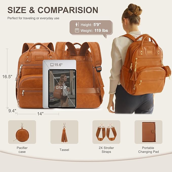 Premium Vegan Leather Diaper Bag Backpack with Waterproof Changing Pad, Reinforced Zippers & Odor-Free, 20 Pockets Pro Organizer, Fits 15.6" Laptop, Stroller Straps, Baby Bag for Mom, Brown
