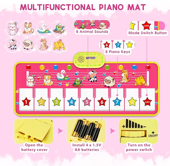 M SANMERSEN Piano Mat - Musical Keyboard Playmat 39.5" Electronic Music Animal Touch Play Blanket Funny Xmas Gift Toy for 1 2 3 Year Old (Pink)