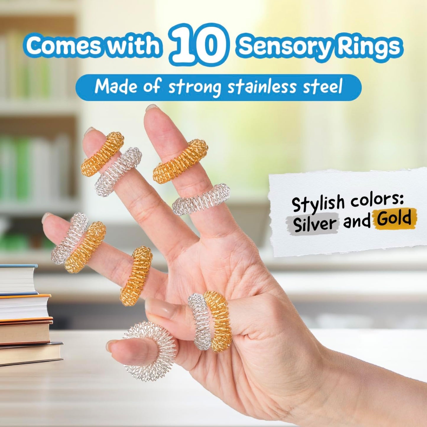 Impresa - 10 Pack Spiky Sensory Finger Rings - Acupressure Fidget Toys for Kids and Adults with Attention Disorders, OCD, and Anxiety - 2 Colors (Silver and Gold)