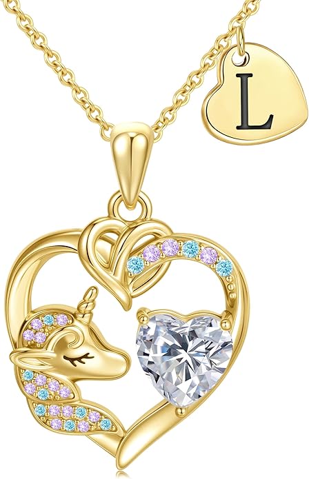 C-leen Unicorn Gifts for Girls Kids - Colorful CZ Heart Initial Necklaces Unicorn Necklace for Girls Jewelry Christmas Birthday Gifts for Little Girl