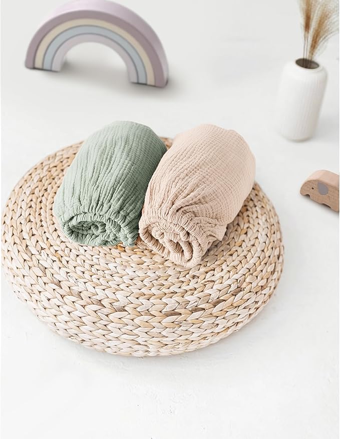 Muslin Bassinet Sheets for Babies – Soft & Breathable 100% Cotton Fitted Sheets for Oval, Rectangle, Hourglass Bassinet Mattress Pads, 2-Pack (Ivory & Pink)