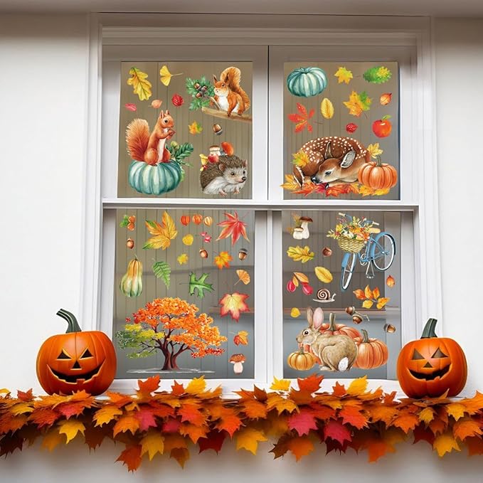 Fall Window Clings 9 Sheets Large-Size Window Clings for Glass Windo Decoration Autumn Leaves Animals Woodland Thanksgiving Decor Home Bedroom Nursery Room Windo Decals