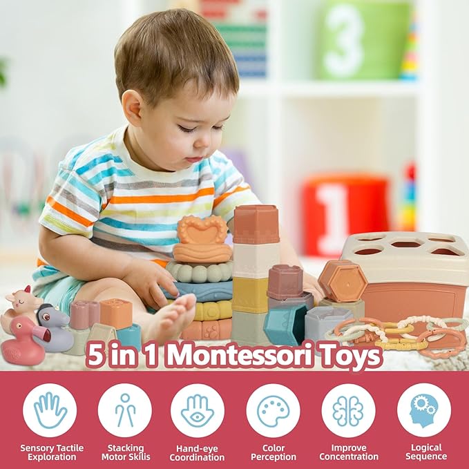 Shape Sorters Baby Toys 5 in 1 Montessori Toy for 6-48 Months Stacking Cups,Rings Toy Links,Soft Stacking Rings,Blocks Set,Soft Animals Toys Shape Sorters for Toddlers 1-3