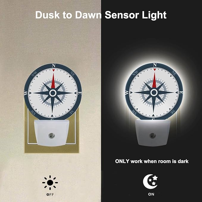 EKOBLA Compass Nautical Plug-in Nightlights Compass Rose Night Lights Plug into Wall Dusk to Dawn Sensor LED Nightlight for Bedroom Bathroom Hallway Living Room Kitchen