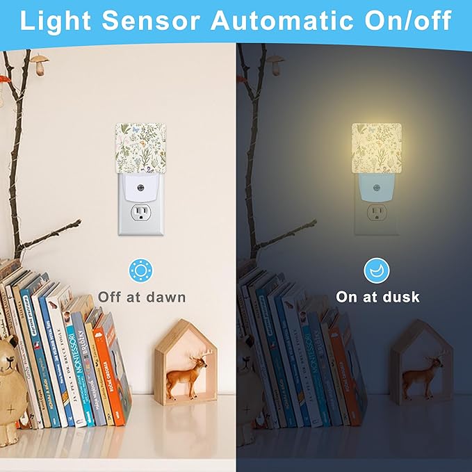 Herbs and Wild Flowers Botanical Plug in Night Light with Auto Dusk to Dawn Sensor,Warm Night Lights for Boys Girls Bedroom Bathroom Hallway Kids Room Gifts