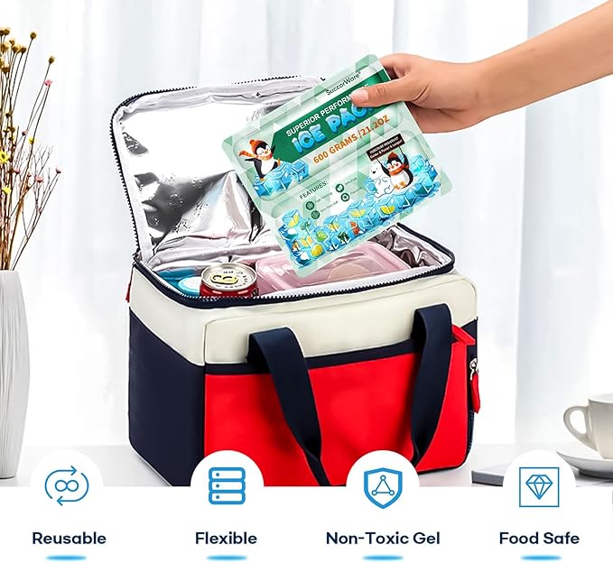 5 Packs Reusable Ice Packs for Lunch Boxes - 12+ Hour Cooling Ice Gel Pack for Camping, Beach, Office - Ice Packs for Cooler Bag, Cooler Backpacks