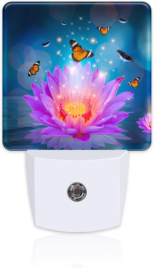 Purple Lotus Flowers Butterflies Night Light for Kids,Glowing Lotus Butterfly Night Light Plug in with Dusk to Dawn Sensor,0.5w Energy Saving Nightlight for Hallway Stairway Kitchen Bedroom