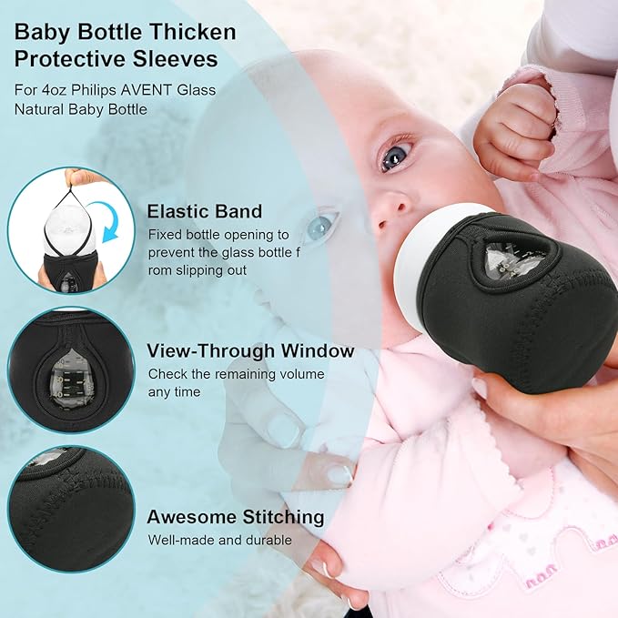Beautyflier 4oz Glass Baby Bottle Sleeve Covers, Reusable Insulator, Heat/Cold Retention Neoprene Holder for Philips Avent (Black, 2PCS)