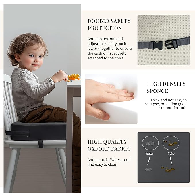 Toddler Booster Seat for Kitchen Chair, 3.5" Oxford Foam Cushion, Non-Slip Base, Adjustable Straps, Portable Dining Booster for Self-Feeding Toddlers at Home or on The Go (Dark Grey)