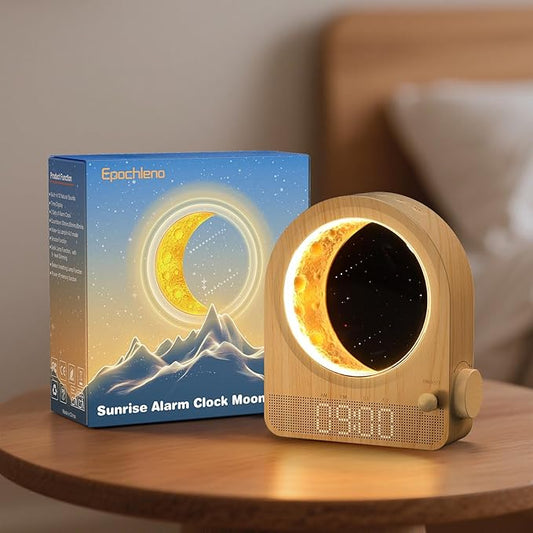 Sunrise Alarm Clock, White Noise Machine & Meteor Moonlight - 10 Soothing Sounds, Dual Alarms, 30/60/90min Timer, Easy Snooze - Bedroom Gift for Insomnia Adults/Women - Wood