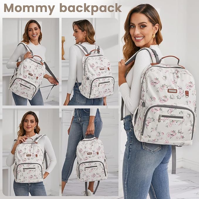 Diaper Bag Backpack, Large Baby Nappy Bags with Portable Changing Pad for Boys and GirlsMultifunction Travel Baby Bag for Moms Dads, Shower Gifts Waterproof and Stylish，Flower Beige