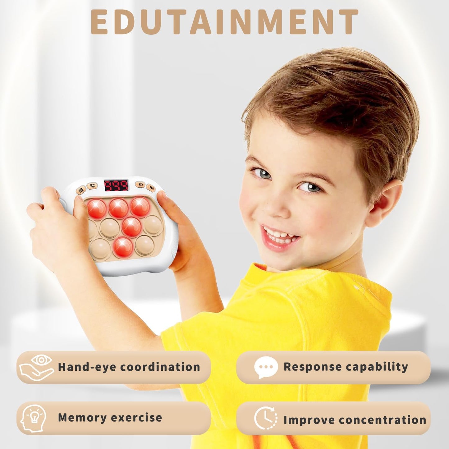 Pop Game Light Up Fidget Toy for Kids, 6 Modes LED Screen Quick Push Pop Game Controller Electric Fidget Popper Game Quick Push Bubble Game Birthday Toys for Boys Girls White