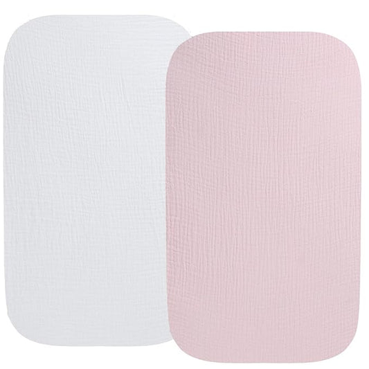 Muslin Bassinet Sheet Compatible with Baby Delight Beside Me Dreamer Bassinet, 2 Pack Cotton Stylish Boho Fitted Bassinet Sheets Super Soft for Baby White & Pink