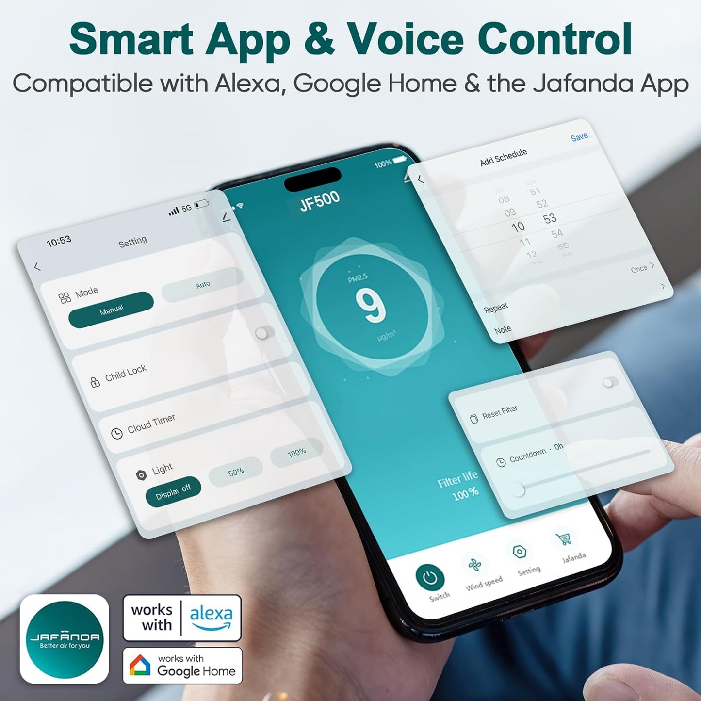 Jafända Large Room Air Purifier for Home up to 2105ft², Quiet Air Cleaner for Bedroom, 4×Ture Activated Carbon Air Filter Removes Pet Dander/Hair/Odor Allergies Dust Smoke Pollen