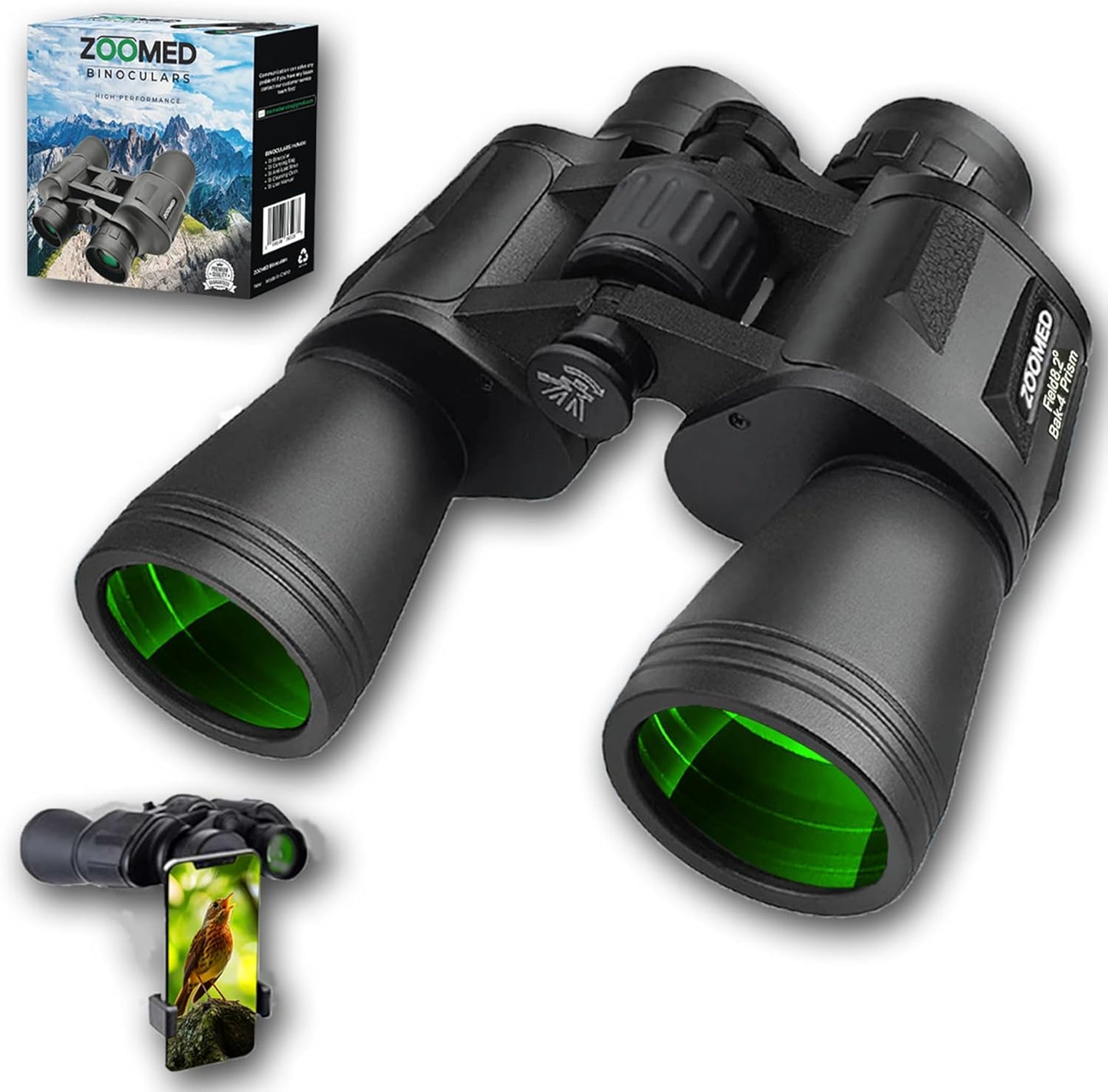 Binoculars with Smart Phone Bracket Adapter, Militar, 20x50, Adults, Bird Watching, High Power Waterproof with Low Light Night Vision for Hunting, Travel, Games, Carrying Case Strap.