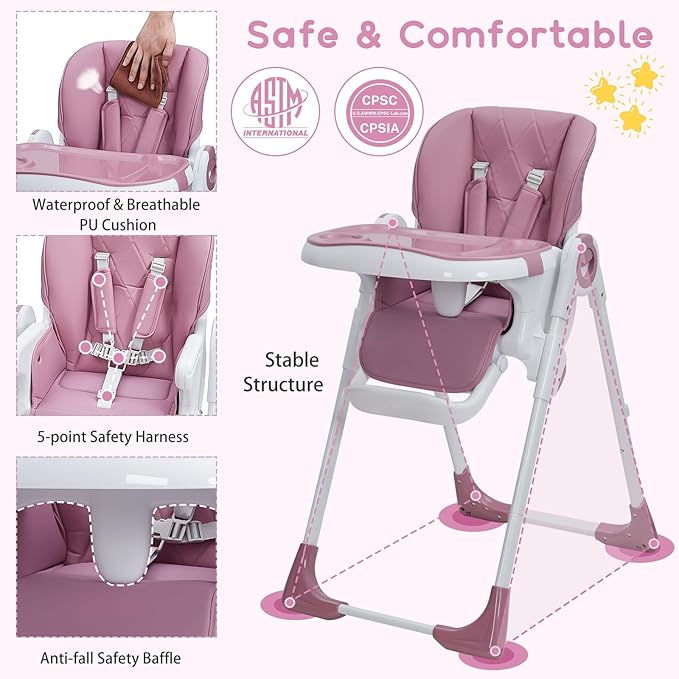 GAOMON Baby High Chair, Multifunctional Infant Highchairs with Adjustable Height and Recline, Foldable High Chair for Babies & Toddlers, High Chair with Removable Tray Easy Clean (Lilac)