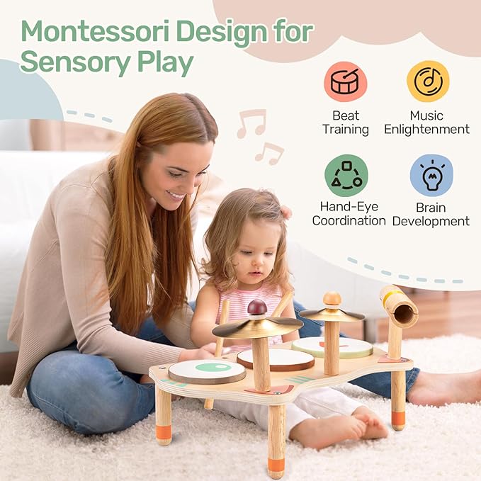 WINGYZ Baby Drum Set – 7-in-1 Wooden Musical Instruments for Toddlers 1-3, Montessori Kids Music Toys with Cymbal & Tone Block, Morandi Cat Design, Early Learning Gift for Boys Girls