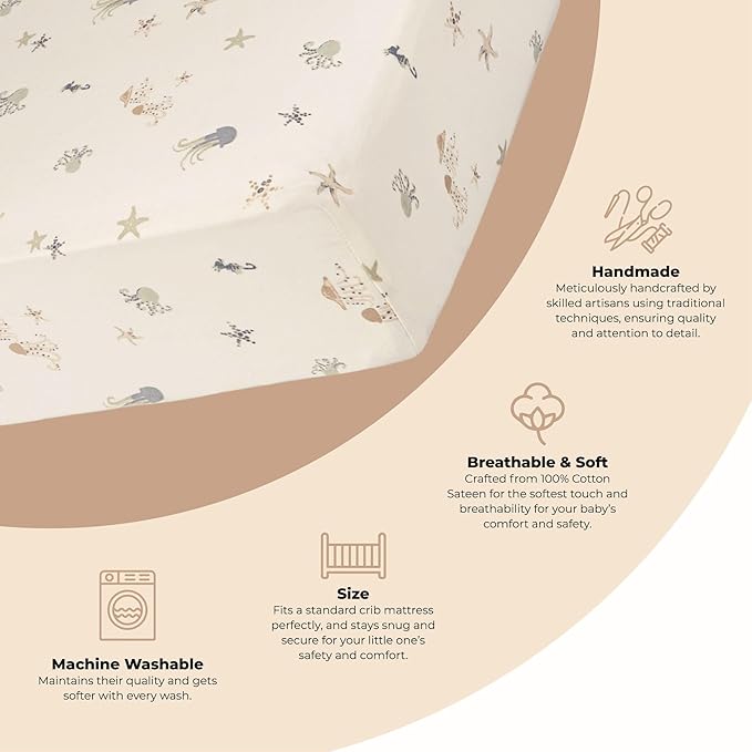 Crane Baby 100% Cotton Under The Sea Fitted Crib Sheet with Jellyfish Design, Neutral Crib Sheets, Fitted Toddler Sheet, 28" x 52" Standard Size Sea Life Crib Sheet