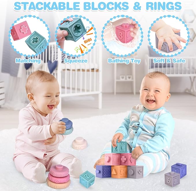 Baby Toys 6-12 Months, Montessori Toys,Baby Teething Toys, Sensory Bin Toy, Stacking Building Blocks & Rings Infants,Sorting Sensory Learning Gift for Toddlers for Toddlers 0-3-6-9-12 Month, 5 in 1