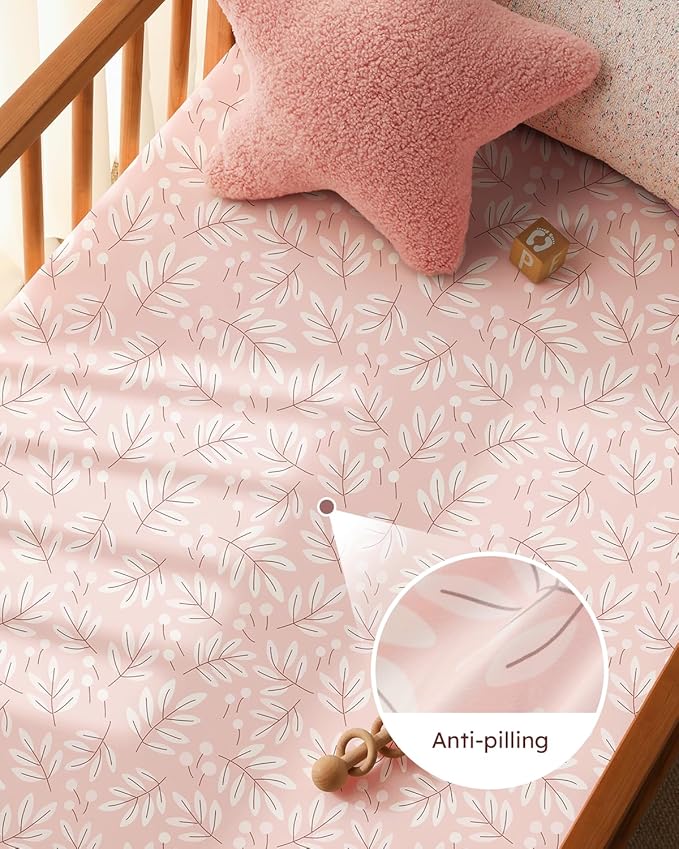 Baby Crib Sheets for Boys Girls, 28x52x8in Fitted Crib Sheet Neutral 3 Pack for Standard Crib and Toddler Mattress, Breathable Soft Microfiber Baby Sheet Pink Flowers & Leaf