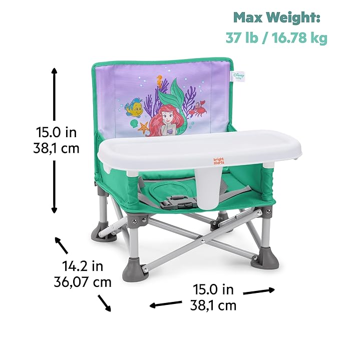 Bright Starts Disney Princess Ariel Pop 'N Sit Portable Booster, Indoor/Outdoor Use, Floor Seat with Feeding Tray, 6 Mos - 3 Yrs