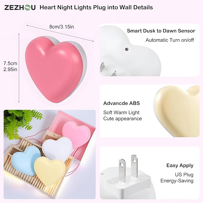 Night Lights Plug into Wall - 2Pcs Cute Heart LED Night Light for Kids, Plug in Nightlight with Smart Auto On/Off Dusk to Dawn Sensor, Soft Warm Lamp for Bedroom Nursery Living Room Bathroom Hallway