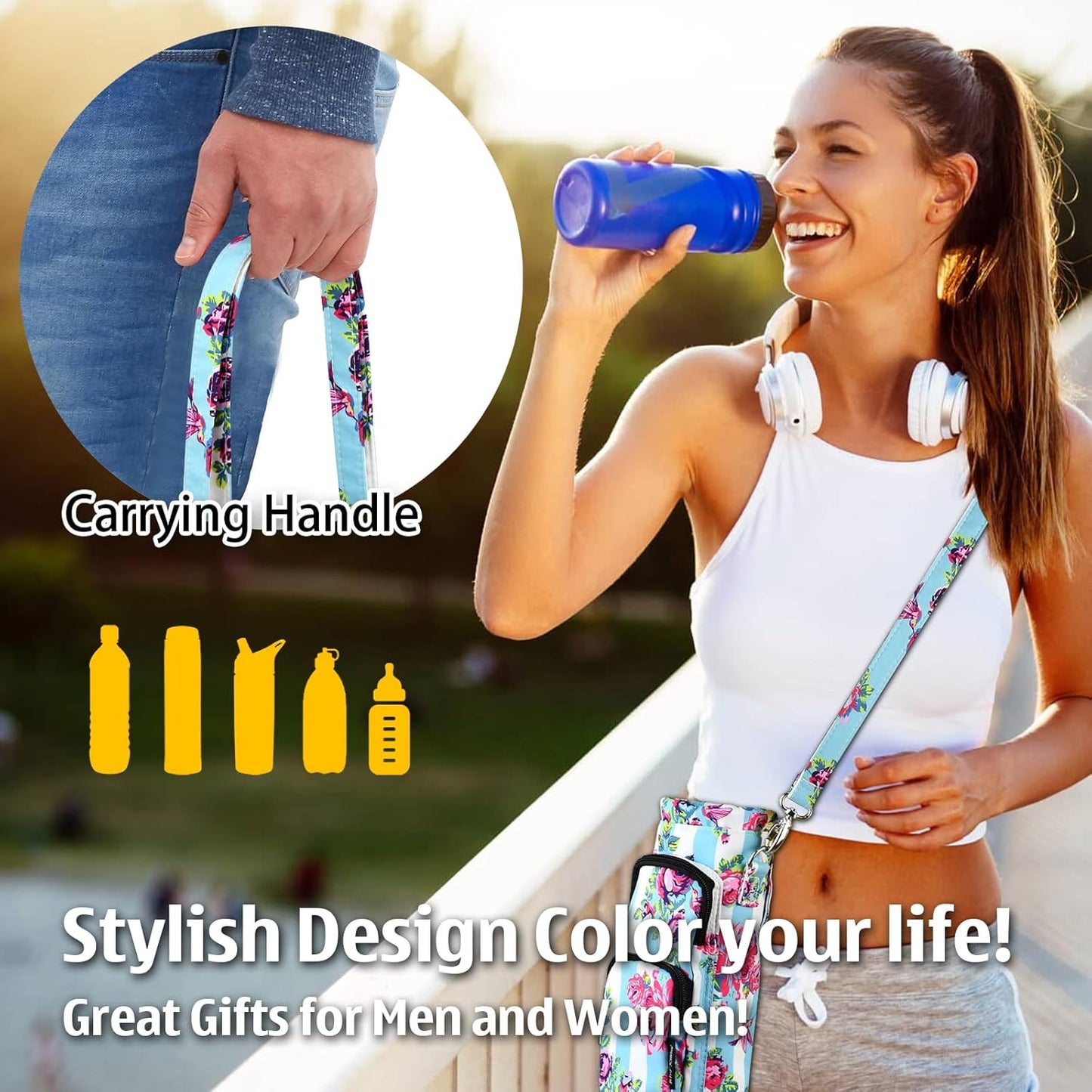 Betsey Johnson Insulated Water Bottle Pouch Holder Carrier Crossbag with Adjustable Shoulder Strap - Lightweight Polyester Accessories with Pockets Good for Hiking Sports