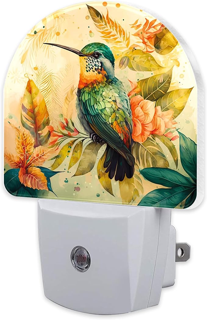 Hummingbird and Tropical Flowers Night Light for Kids,Watercolor Floral Bird Night Light Plug in with Dusk to Dawn Sensor,0.5w Energy Saving Nightlight for Hallway Stairway Kitchen Bedroom