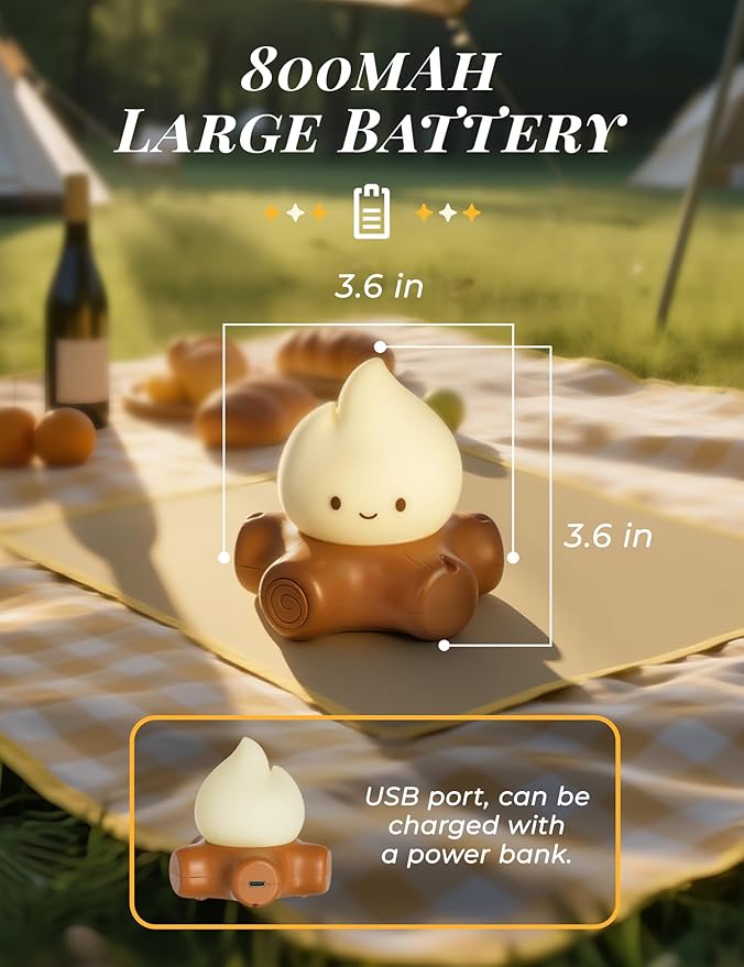 Chibi Campfire Lamp, Cute Flickering Flame Night Light, Soothing Nature White Noise, Rechargeable Cozy Campfire Light for Home Decor Camping Trips, Best Gifts