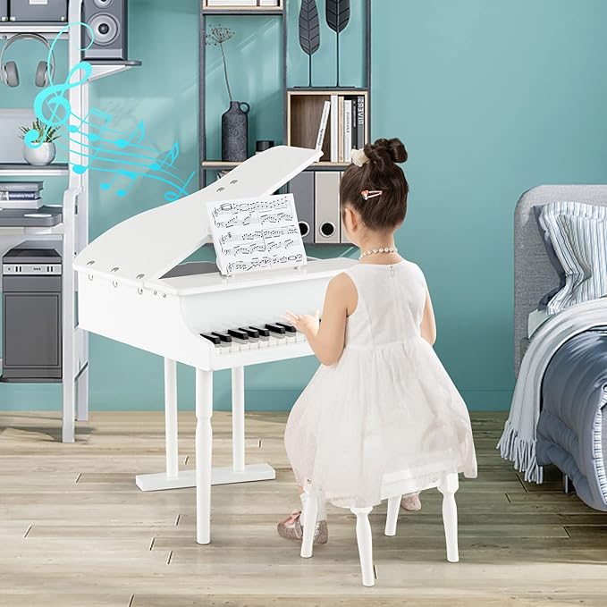 HONEY JOY Classical Kids Piano, 30-Key Mini Grand Piano with Music Stand and Bench, Wooden Musical Instrument Toy w/Lid & Music Rack, Gift for Boys Girls Ages 3+ (3 Straight Leg-White)