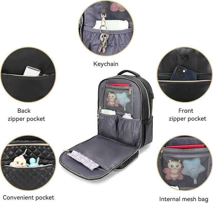 Award-Winning 3-SET Premium Leather Diaper Bag Backpack – Stylish, Durable, Waterproof Vegan Leather with PEVA Changing Pad & Baby Headrest, Travel-Friendly, Organized for Busy Parents