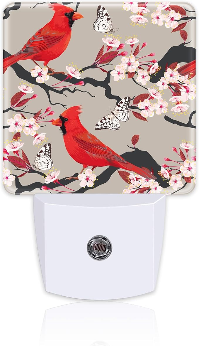 Red Cardinal with Cherry Blossoms Night Light for Kids,Pink Spring Floral Bird Night Light Plug in with Dusk to Dawn Sensor,0.5w Energy Saving Nightlight for Hallway Stairway Kitchen Bedroom