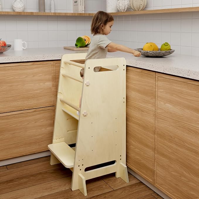 Kitchen Step Stool for Toddlers,Wiifo Adjustable Height Kids Learning Stool, Toddler Standing Tower(Natural)