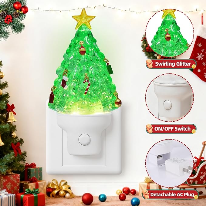 Christmas Tree Night Light Plug into Wall Swirling Glitter USB Portable Christmas Decorative Night Light Decoration for Kids Adults Bedroom Kitchen Living Room Holiday Decor (Tree)
