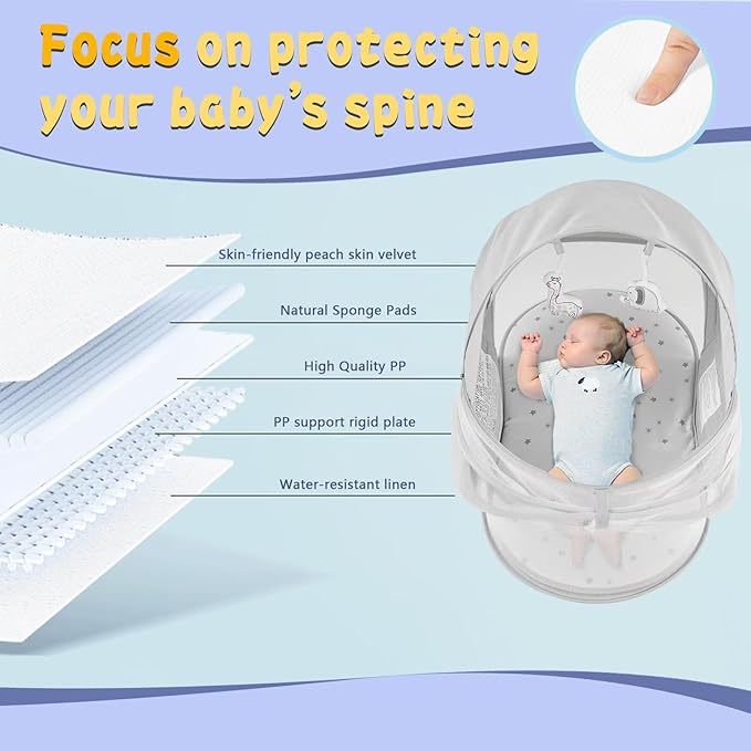 Portable Baby Bassinet Travel Baby Bed included Carry Backpack , Baby Cribs Travel Pod for Outdoors Baby Lounger Infant Travel Bed with Mosquito Net and Sunshade Canopy, Lightweight Washable Foldable