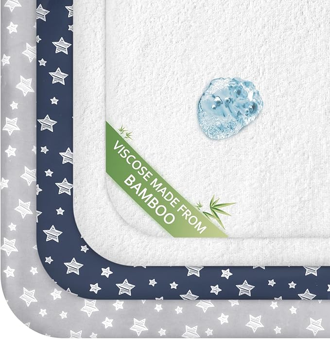 Pack and Play Sheets & Waterproof Terry Pack N Play Mattress Protector Pad Cover 4 Pack, Viscose Terry Pack N Play Sheets Set, Grey & Navy