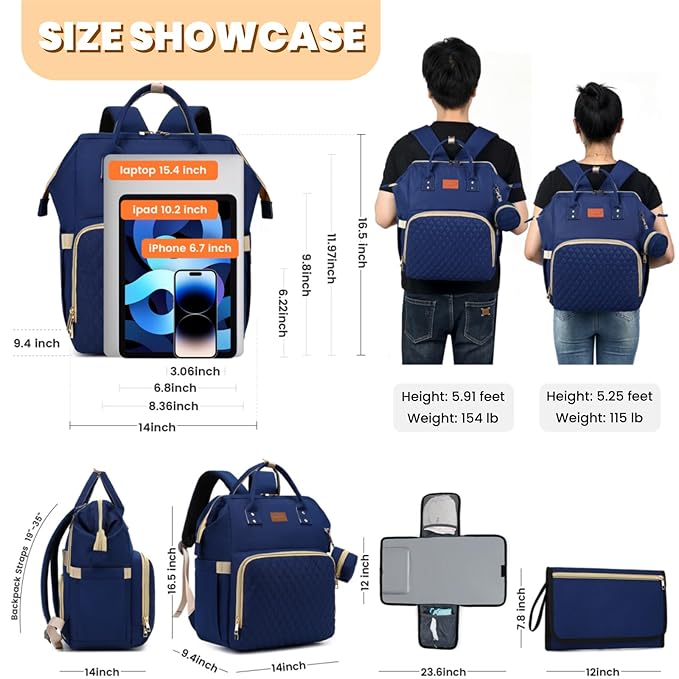 Diaper Bag Backpack with Changing Pad, Pacifier Case, Baby Bag for Boy Girl Toddler - Large, Stylish, Waterproof Travel Quilted Diaper Bag for Mom - Baby Shower - Navy Blue
