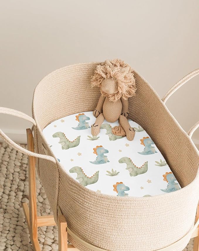 Bassinet Sheets for Baby Girls Boys 2 Pack, Fitted Baby Mattress Sheet for Rectangle, Oval, Hourglass Bassinet Mattress, Breathable Cozy & Universal Fit (Tiny Dinos)