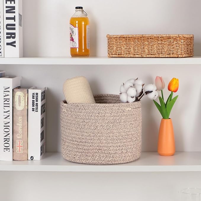 Small Basket for Organizing | Cube Shelf Closet Storage Baskets | 9.7×9.7×7.1” | Woven Rope Gift Basket | Nursery | Round 3 Packs Mixed Brown