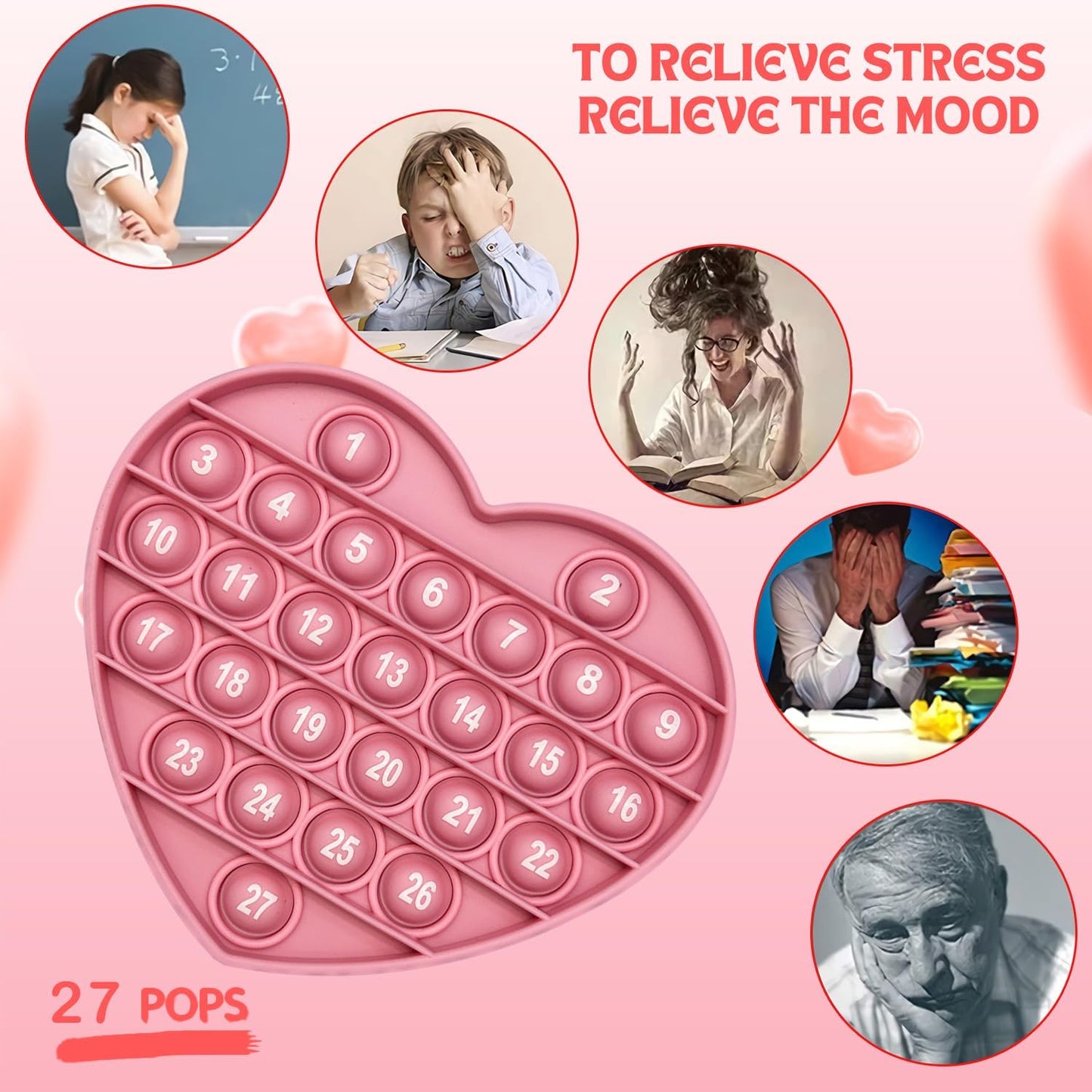 Pink Heart Shaped Pop Bubble Valentines Fidget Toy with Letters and Numbers, Xmas Gift Sensory Toy with Alphabets Kids Birthday Party Classroom Prize Stress Reliever