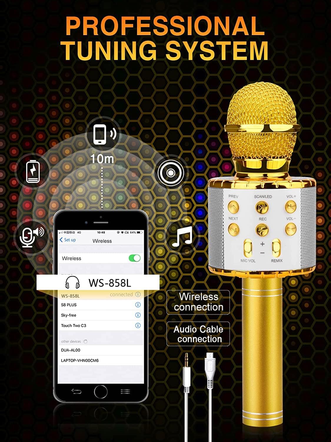 BlueFire 4 in 1 Karaoke Wireless Microphone with LED Lights, Portable Microphone for Kids, Great Gifts Toys for Kids, Girls, Boys and Adults (Gold)