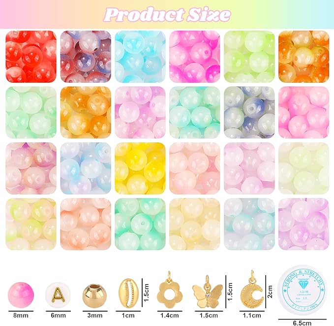 760PCS 8mm Glass Beads for Jewelry Making 24 Color Crystal Beads Bracelet Making Kit Gradient Round Bead for DIY Earrings Necklaces Rings with Letter Bead for Bracelets&Charms Accessories
