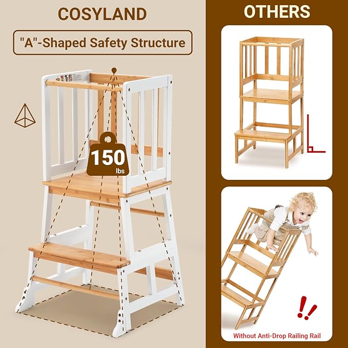 COSYLAND Kids Kitchen Step Stool Helper - Wooden Standing Tower for Kids with Anti-Tip Support Legs - Mothers' Helper Kids Learning Stool for Kitchen Counter (White & Natural)