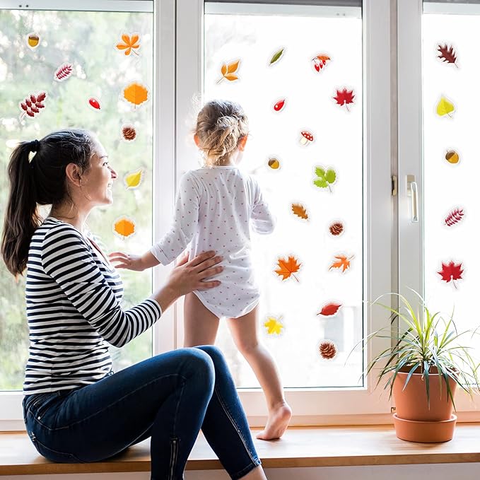20 PCS Fall Thick Gel Cling Autumn Leaves Window Gel Clings Decals Stickers for Kids, Toddlers and Adults Home Airplane Classroom Nursery Thanksgiving Party Supplies Decorations Removable and Reusable