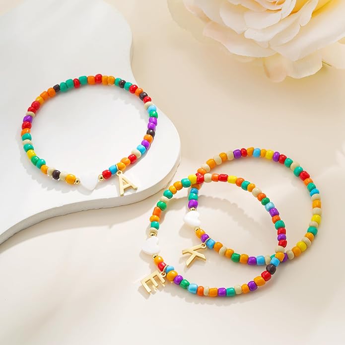 Colorful Initial Bracelets for Women Girls - Cute Beaded Heart Initial Bracelet Teen Girl Gifts Trendy Stuff, Bohemian Gold Charm Bracelet Personalized Gifts for Women Girls Jewelry