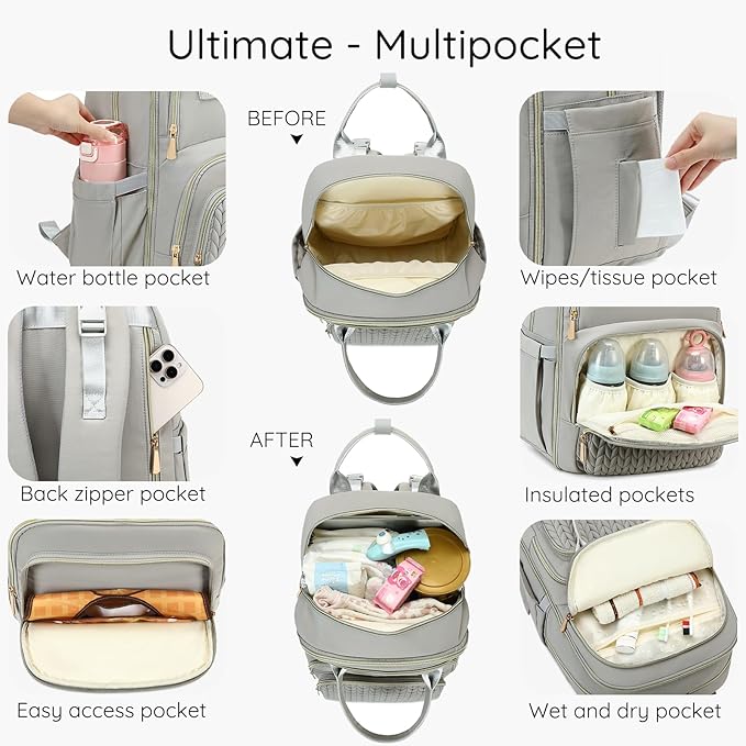Diaper Bag Backpack - Large Multi functional, Boys, Girls & Baby Travel Essentials Tote with Changing Pad, Insulated Pockets, Stroller Straps, Waterproof - Baby Backpack for Mom & Maternity (Gray)