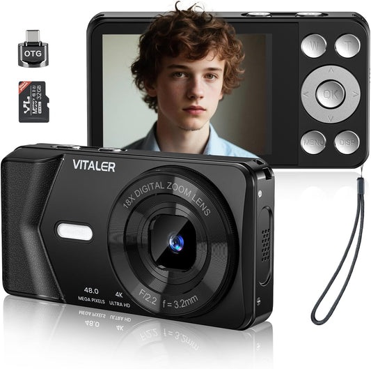 Digital Camera, Autofocus 48MP 4K Camera for Photography with 32GB Card, Portable Compact Point and Shoot Digital Camera for Teens Adult Beginner Kids with Metal Shell, 2000 mAh Battery