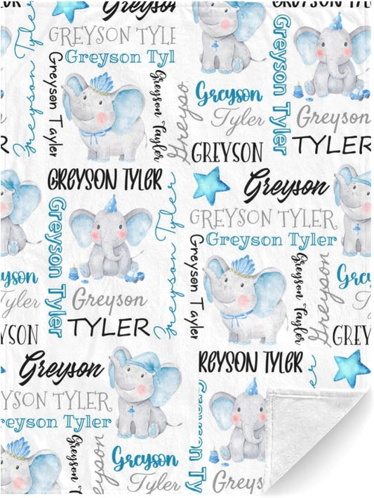 Personalized Elephant Swaddle Blanket with Name - Custom Baby Blanket for Boys & Toddlers - Kids & Newborn