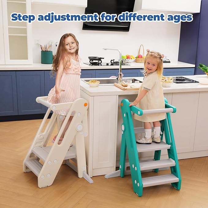 Onasti Toddler Tower Kitchen Stool Helper, Foldable & Adjustable Height Kids Learning Stool for Kitchen Counter Bathroom Sink, Child Ladder for Toddlers with Handles, Safty Rail, Non-Slip Pads - Green